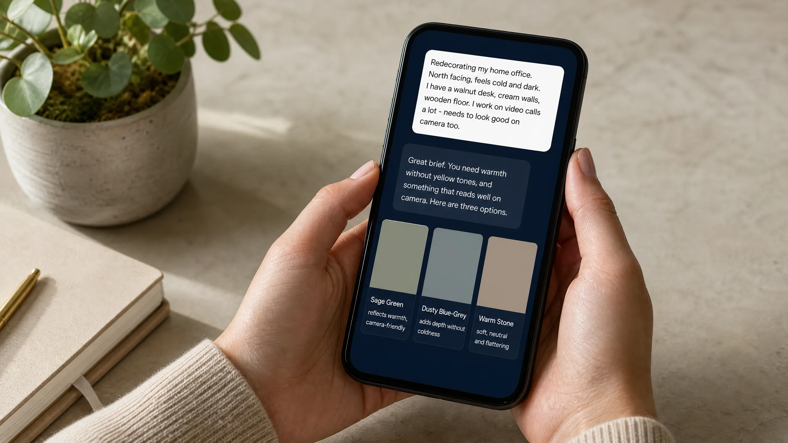 Person using an LLM on their phone to redecorate their office